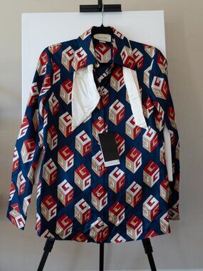 Gucci Silk Logo Print Button Front Shirt Size 40 NWT Nordstrom